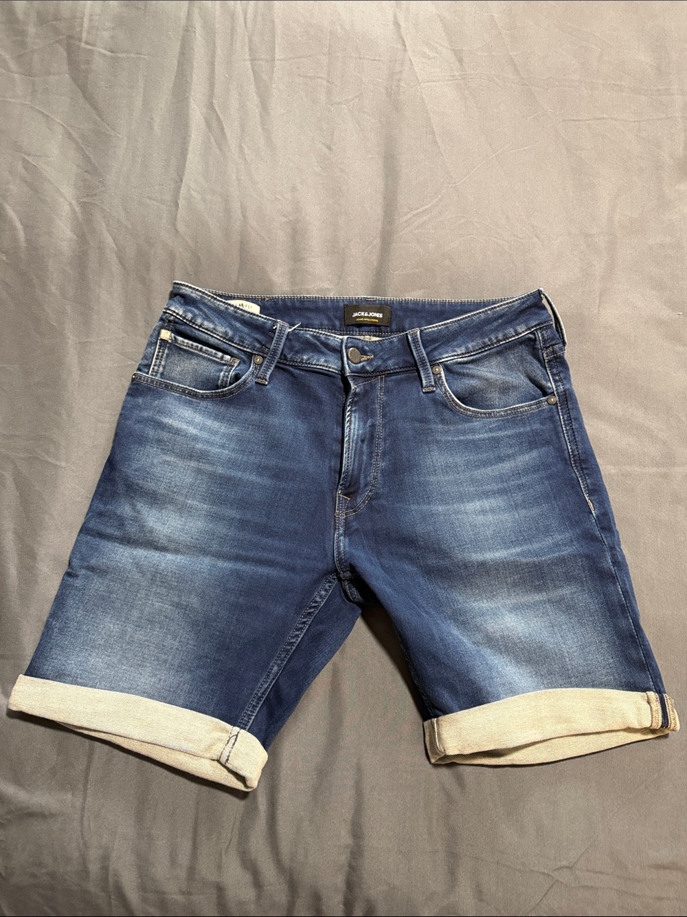 Jack & Jones Dark Blue Washed Denim Roll-Up Shorts